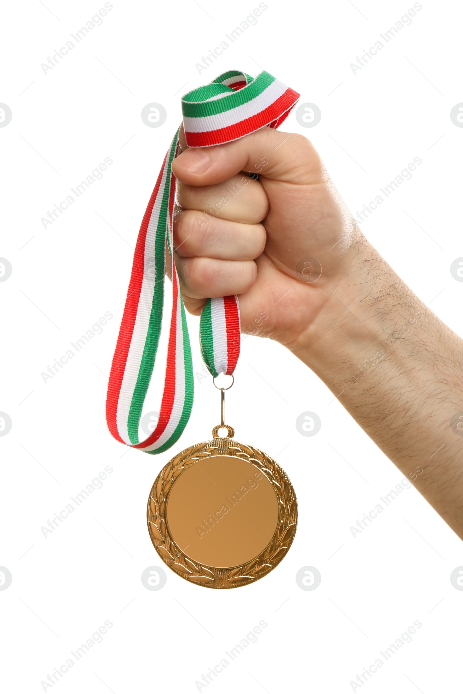 Photo of Man holding golden medal on white background, closeup. Space for design