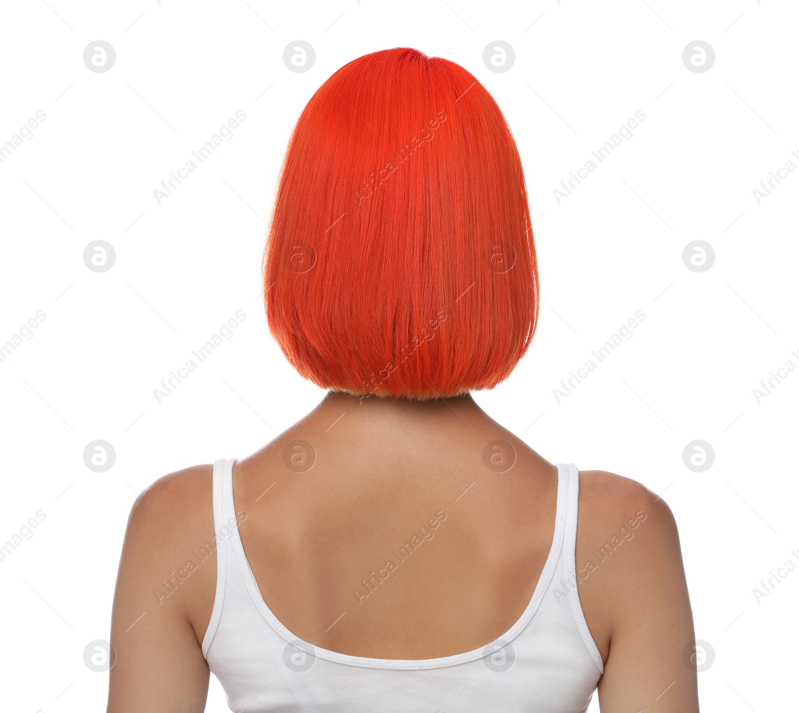 Photo of Young woman with bright dyed hair on white background, back view