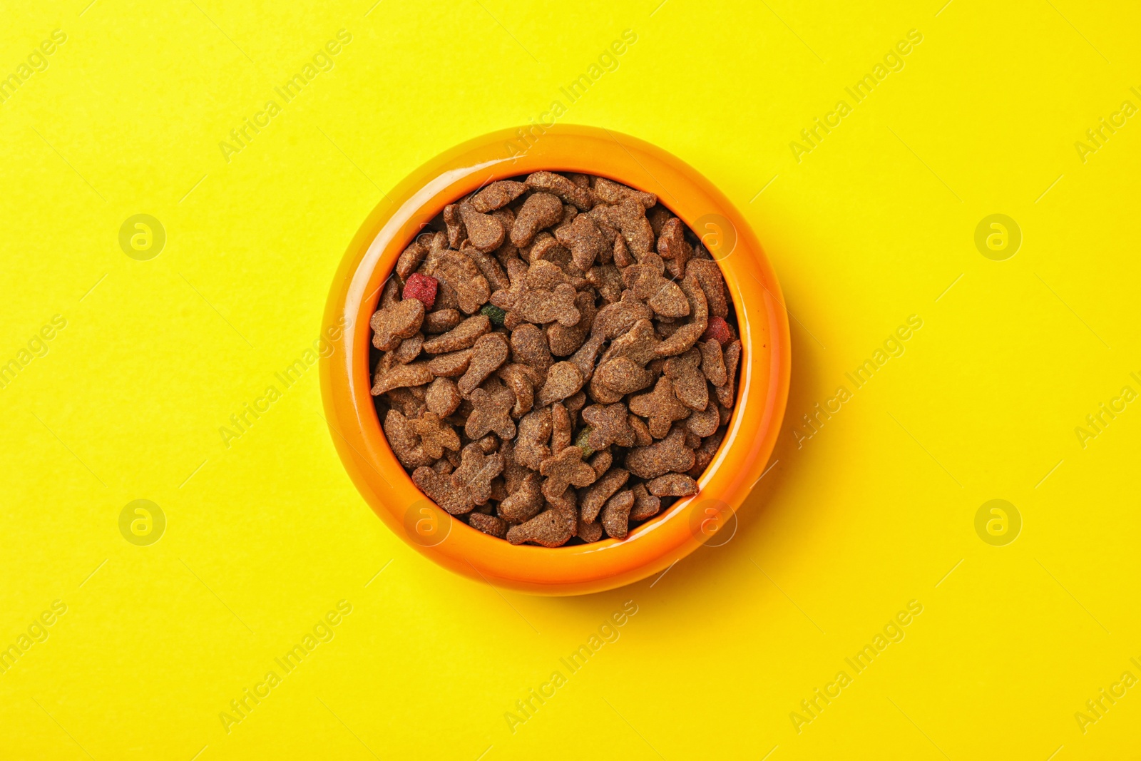 Photo of Bowl with food for cat or dog on color background. Pet care
