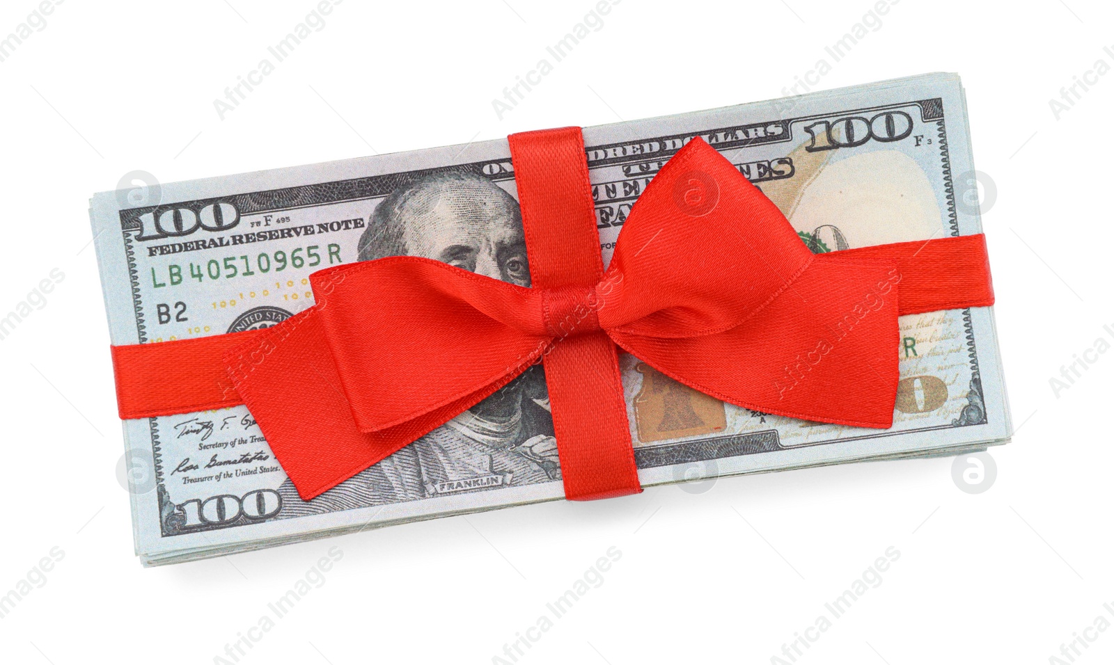 Photo of Stack of dollar banknotes with red ribbon isolated on white, top view