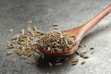 Photo of Spoon with caraway seeds on grey table, closeup