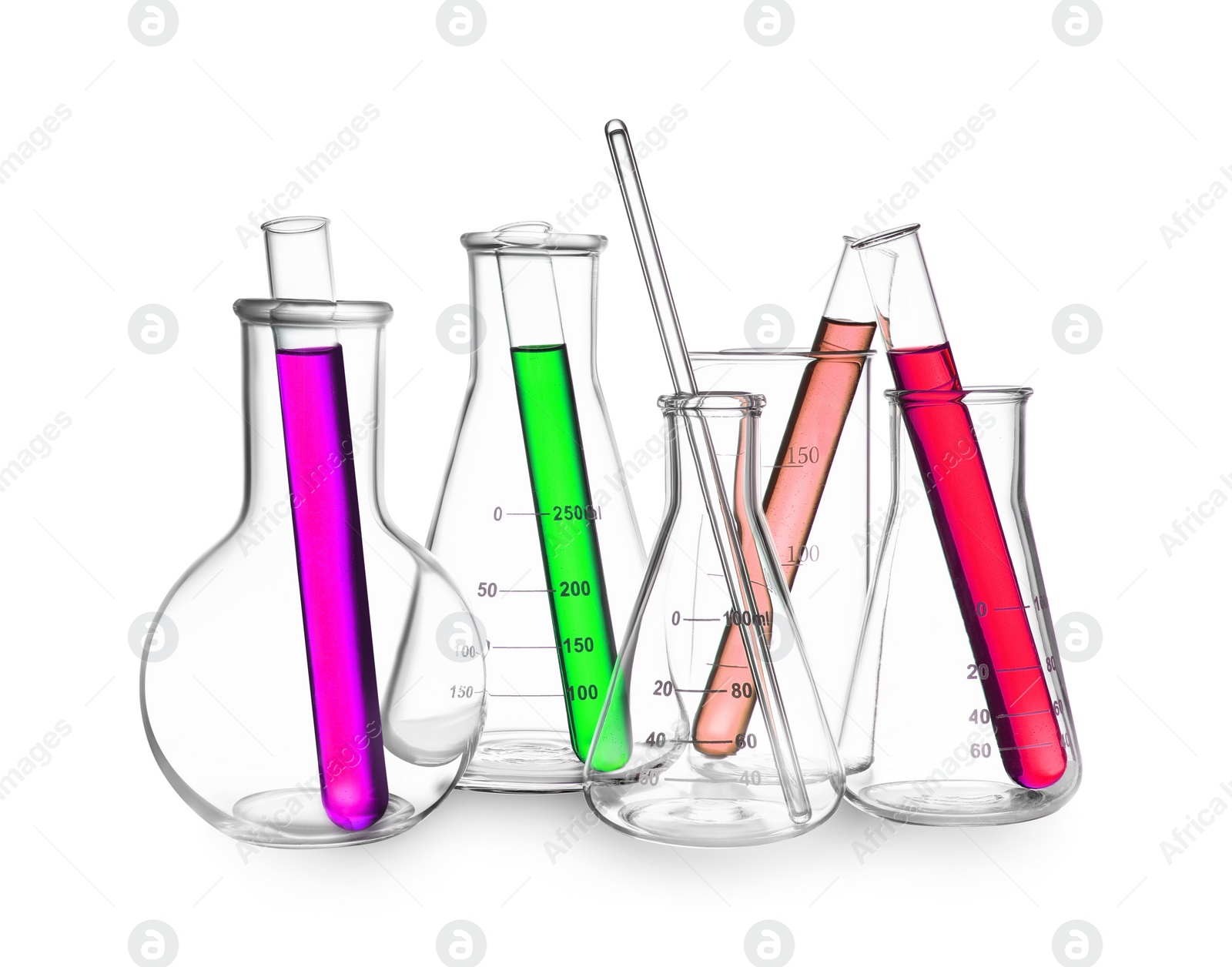 Image of Glass flasks, beaker and test tubes with colorful liquids isolated on white