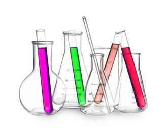 Glass flasks, beaker and test tubes with colorful liquids isolated on white