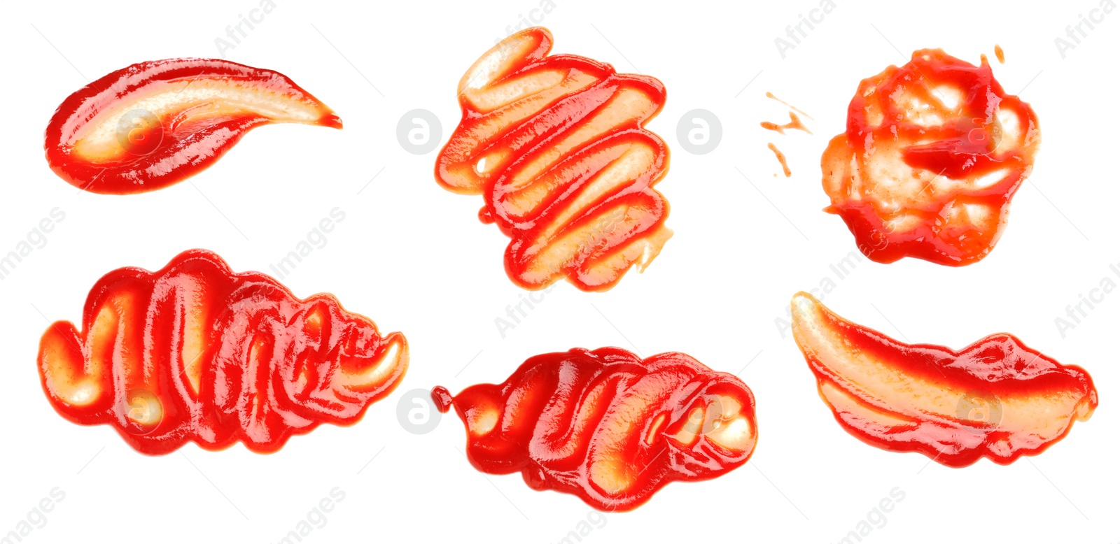 Image of Set of tasty ketchup on white background, top view. Tomato sauce