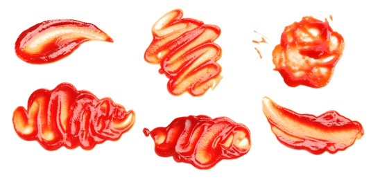 Set of tasty ketchup on white background, top view. Tomato sauce