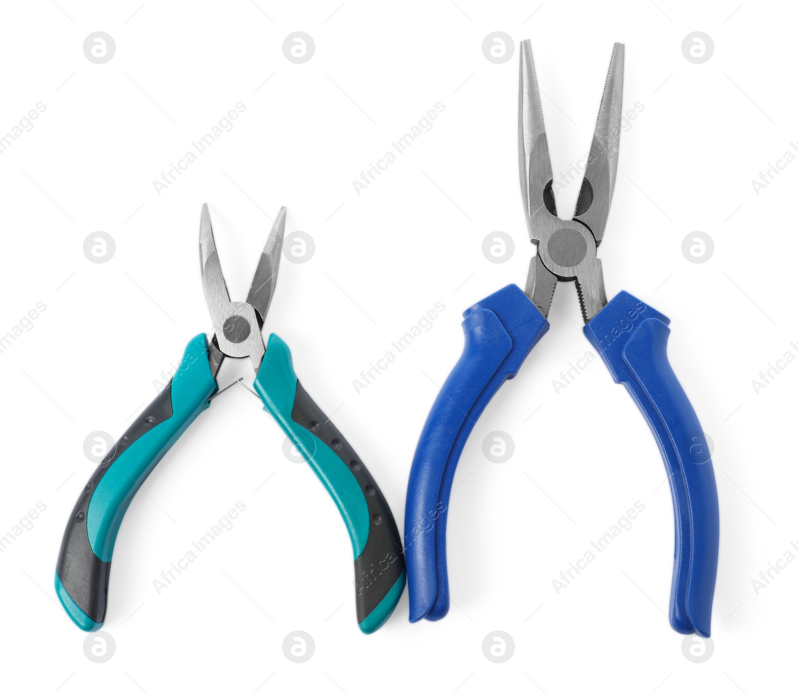 Photo of Different pliers isolated on white, top view