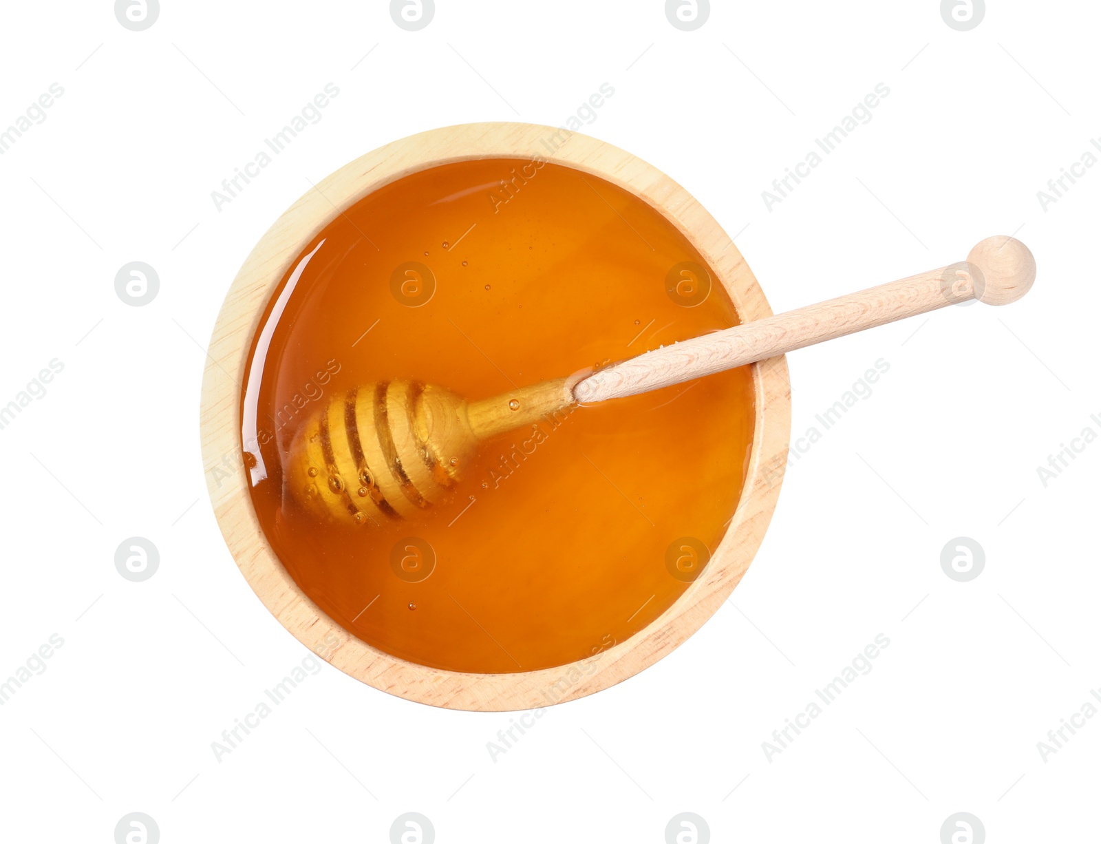 Photo of Tasty honey in bowl and dipper isolated on white, top view