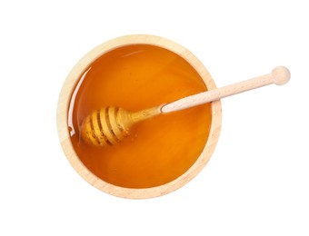 Photo of Tasty honey in bowl and dipper isolated on white, top view