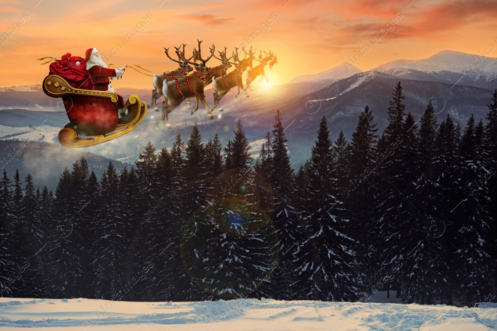 Image of Magic Christmas eve. Santa with reindeers flying in sky