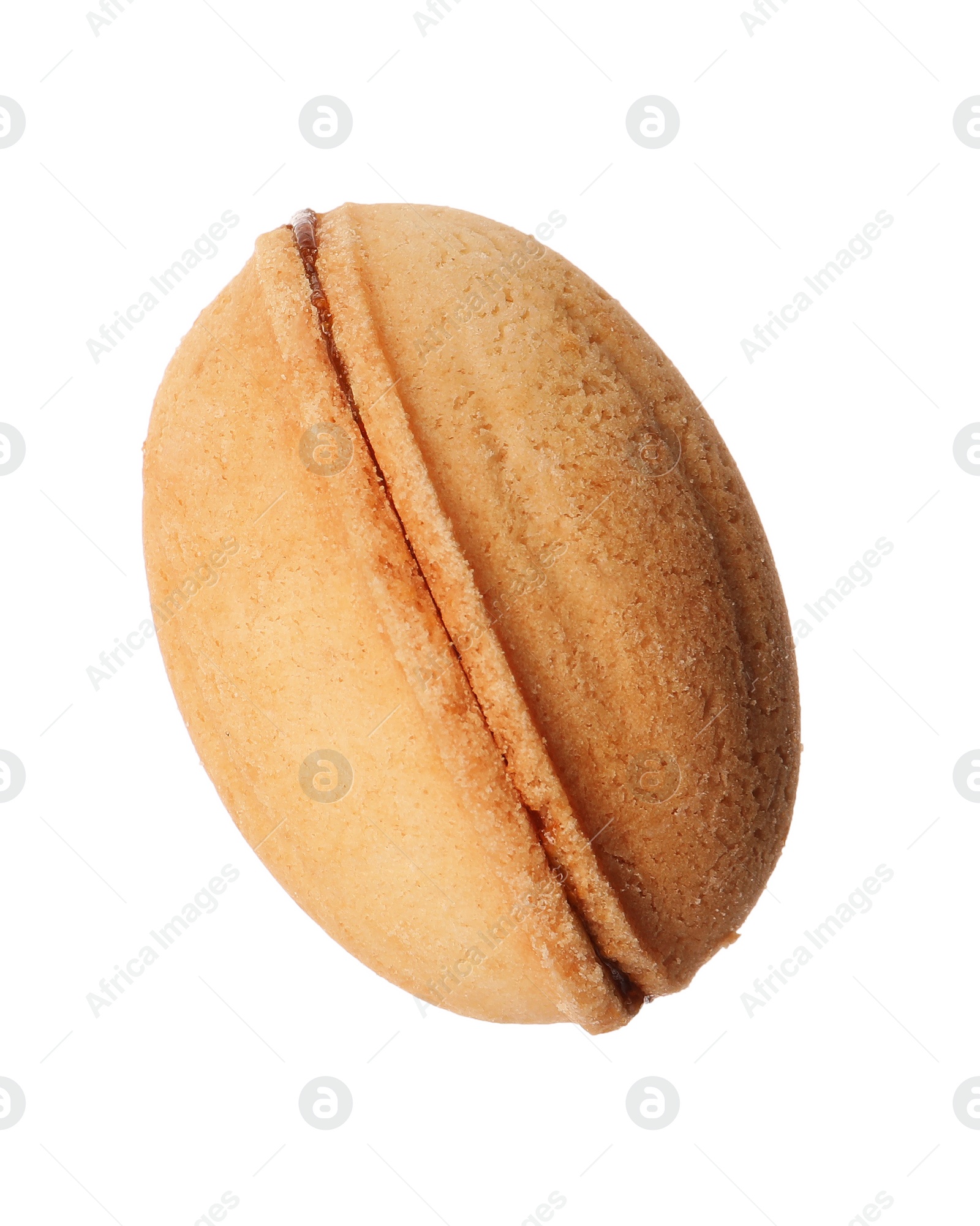 Photo of Delicious nut shaped cookie with boiled condensed milk isolated on white