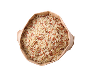 Photo of Mix of brown and polished rice in paper bag isolated on white, top view
