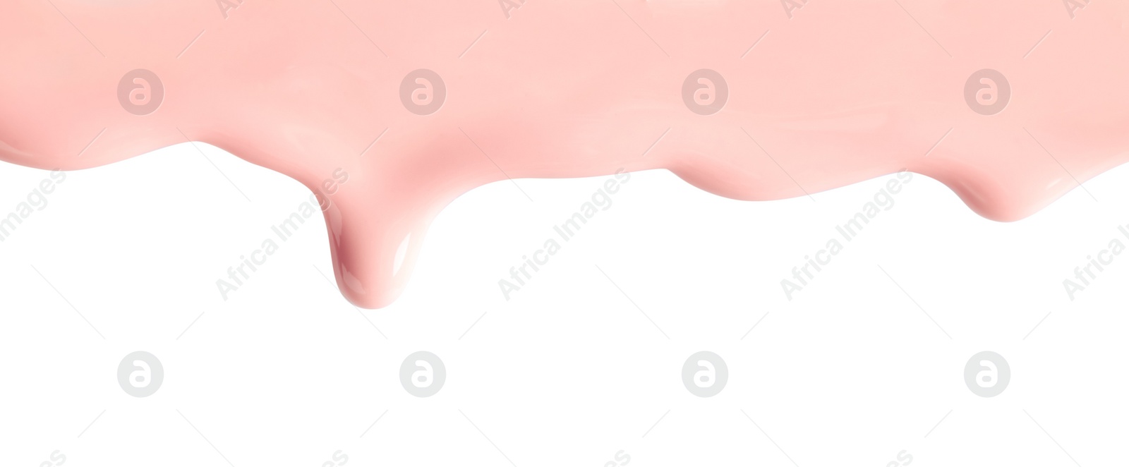 Photo of Light pink nail polish flowing on white background