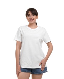 Smiling woman in stylish t-shirt on white background