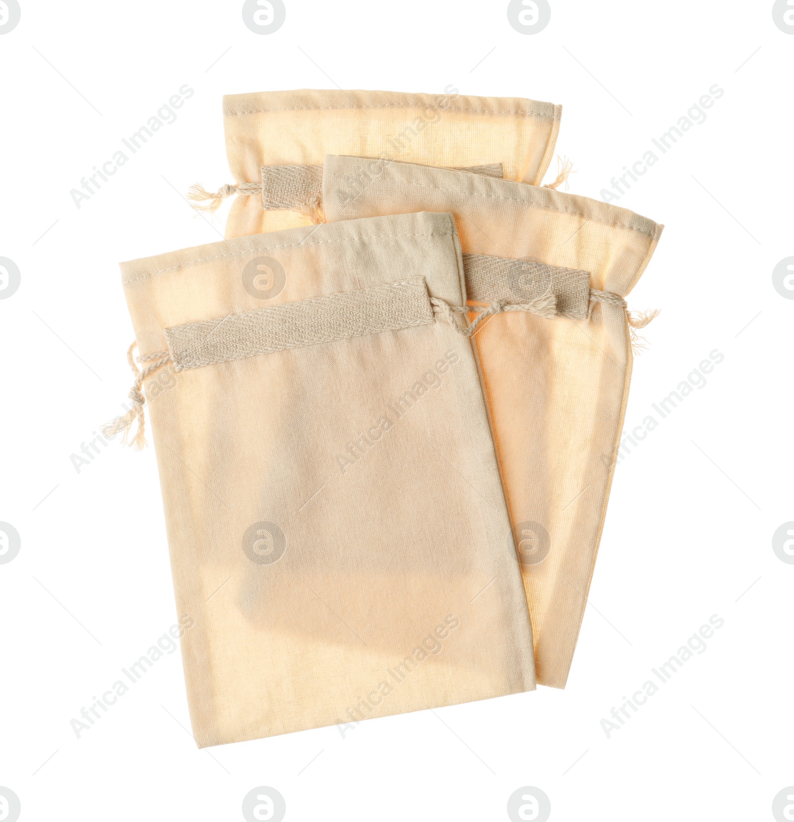 Photo of Cotton eco bags isolated on white, top view