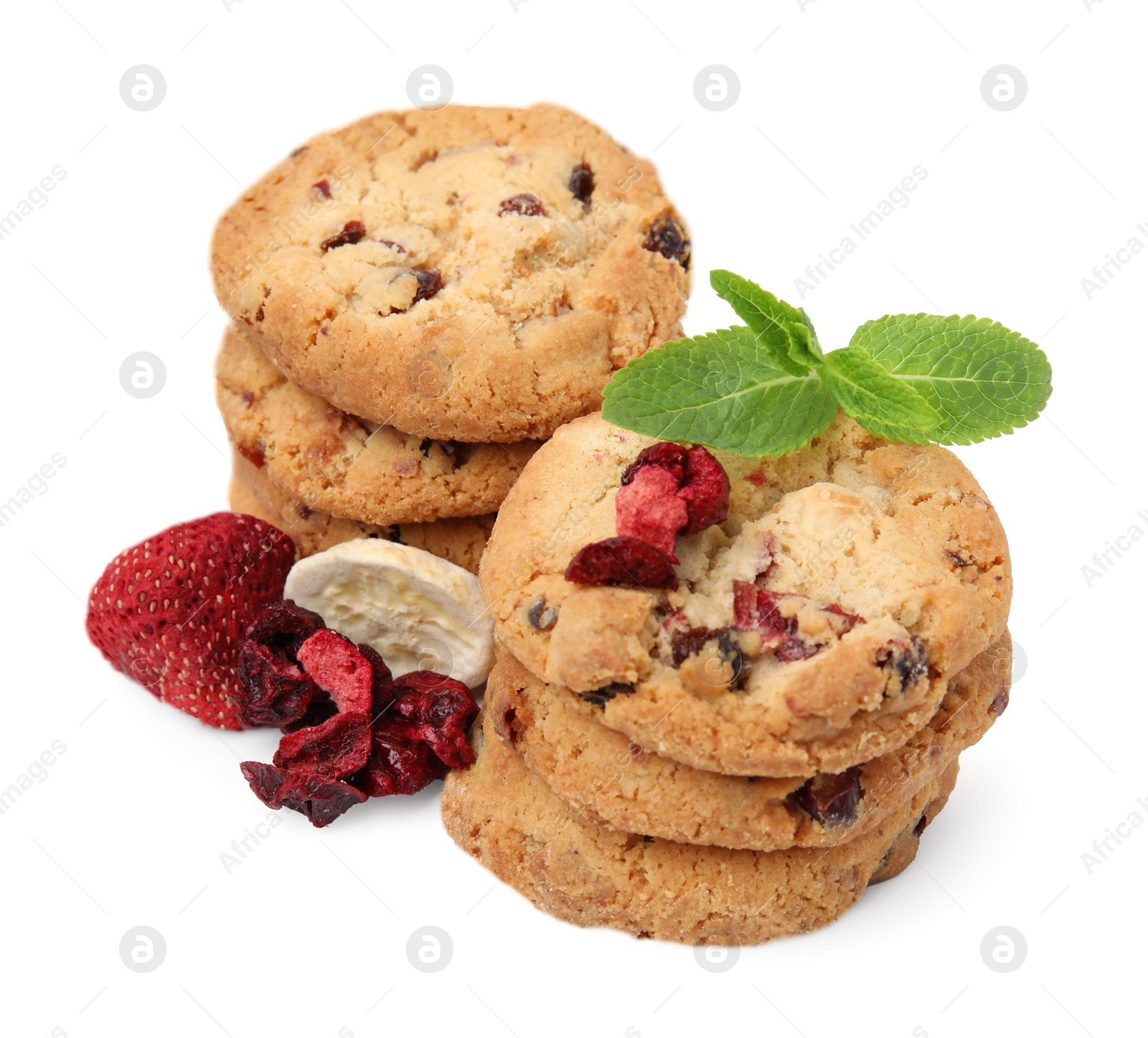 Cookies with freeze dried fruits and mint isolated on white Photo of Cookies with freeze dried fruits and mint isolated on white