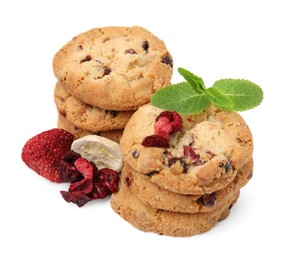 Photo of Cookies with freeze dried fruits and mint isolated on white