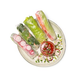 Photo of Delicious spring rolls served with sauce on white background, top view