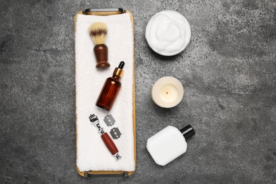 Photo of Flat lay composition with shaving accessories for men on grey table