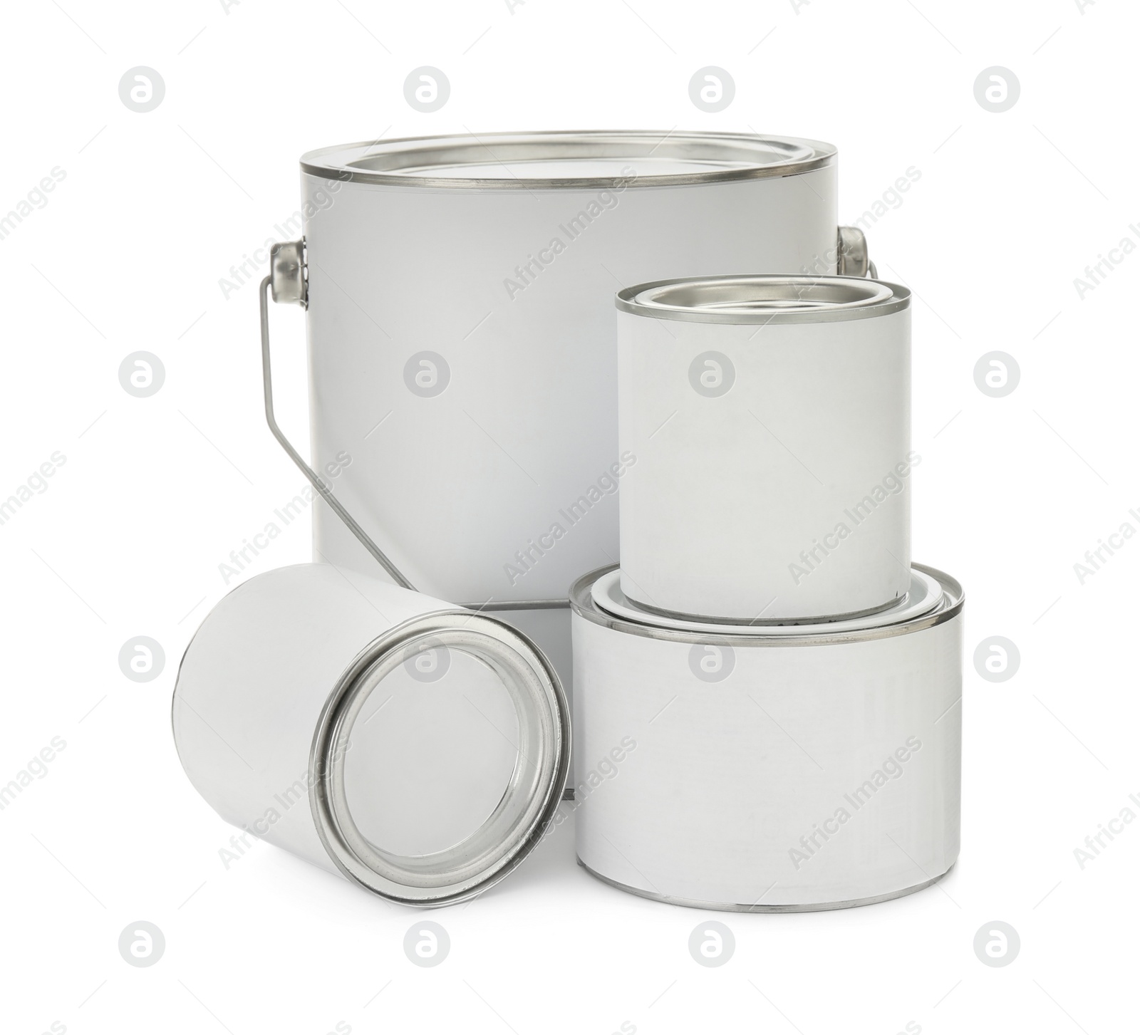 Photo of Closed blank cans of paint isolated on white