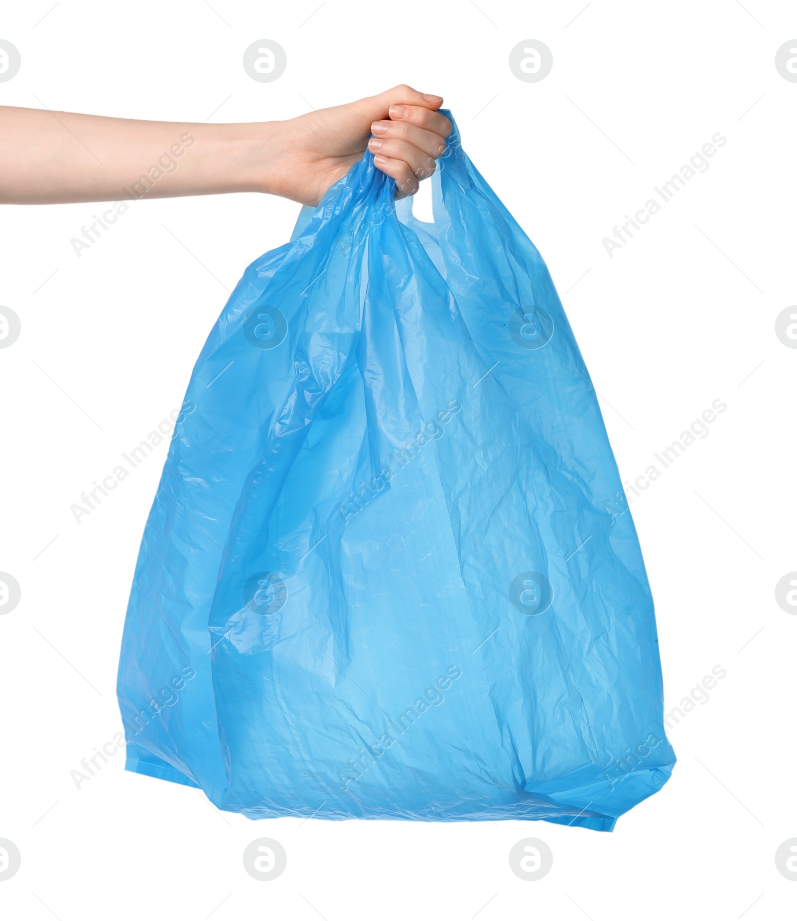 Photo of Woman holding light blue plastic bag on white background, closeup