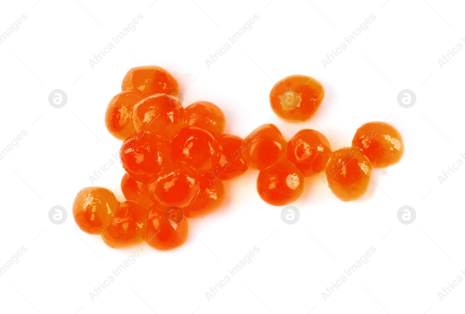 Photo of Delicious red caviar isolated on white, top view