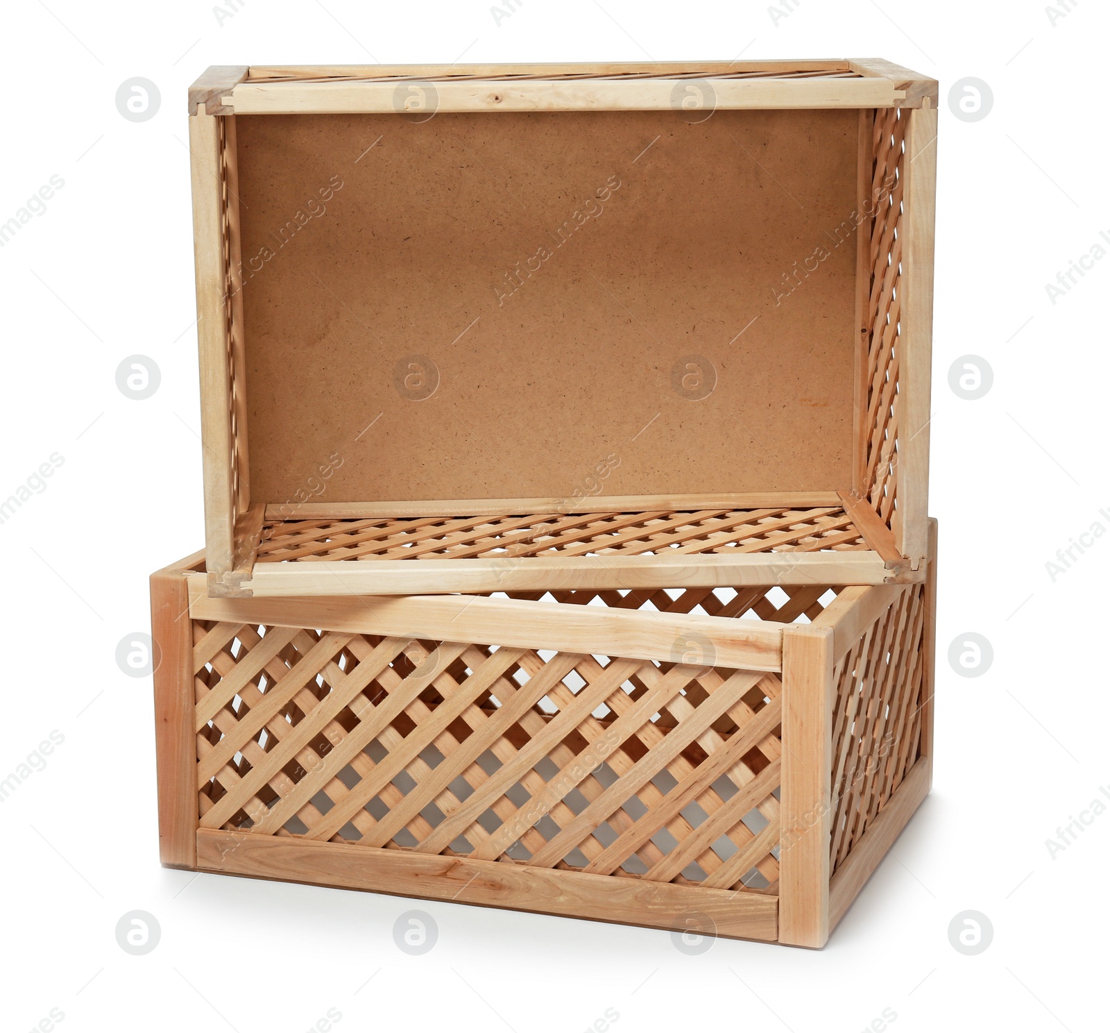 Photo of Empty open wooden crates isolated on white