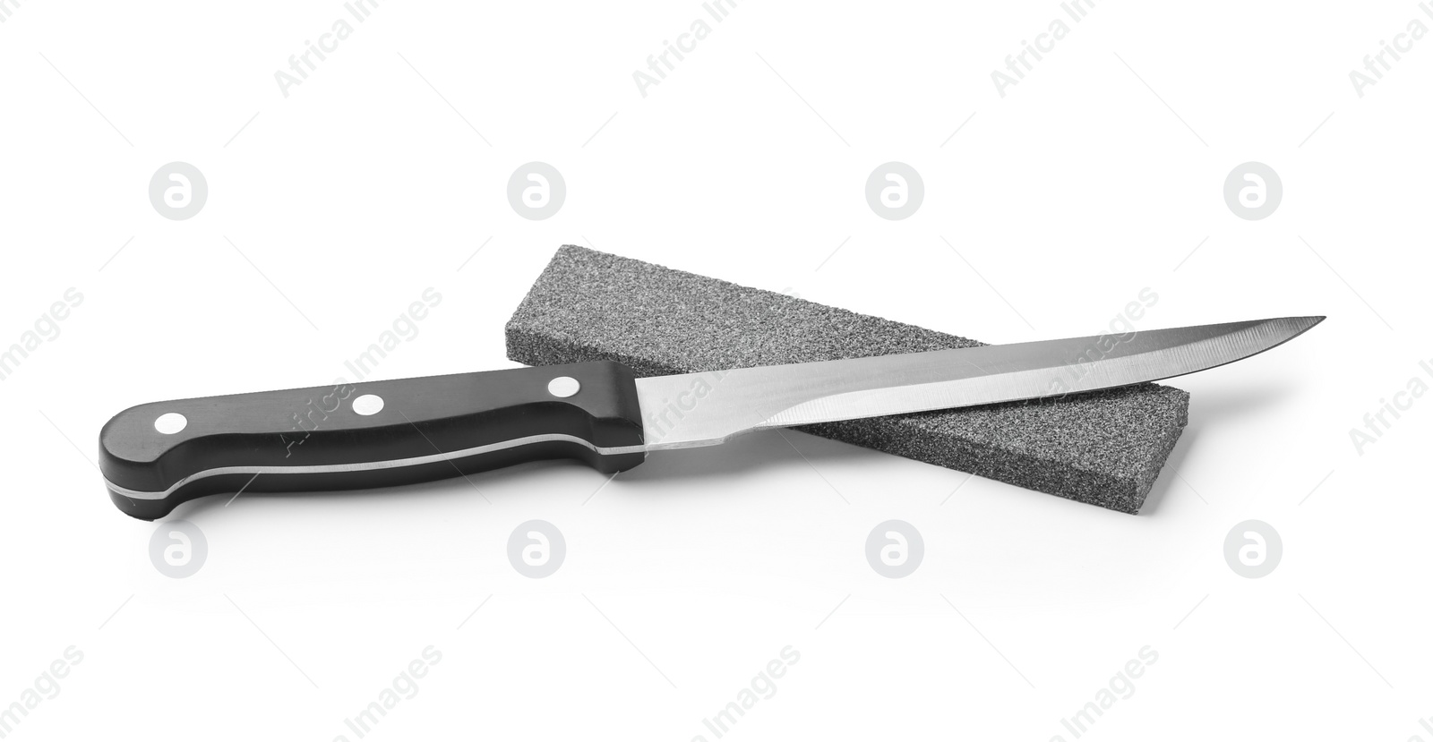 Photo of Sharp fillet knife with grindstone isolated on white