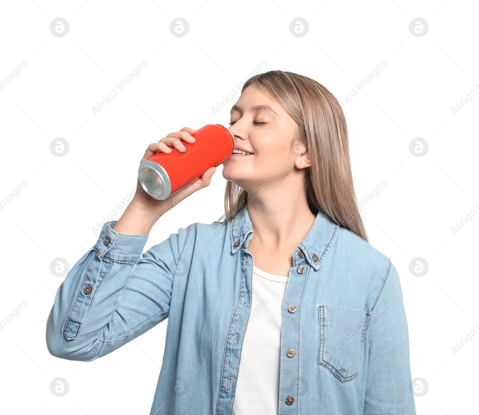 Photo of Beautiful woman drinking from beverage can on white background