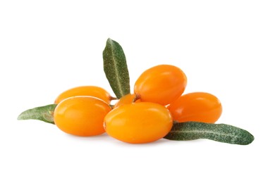 Photo of Fresh ripe sea buckthorn berries with leaves on white background