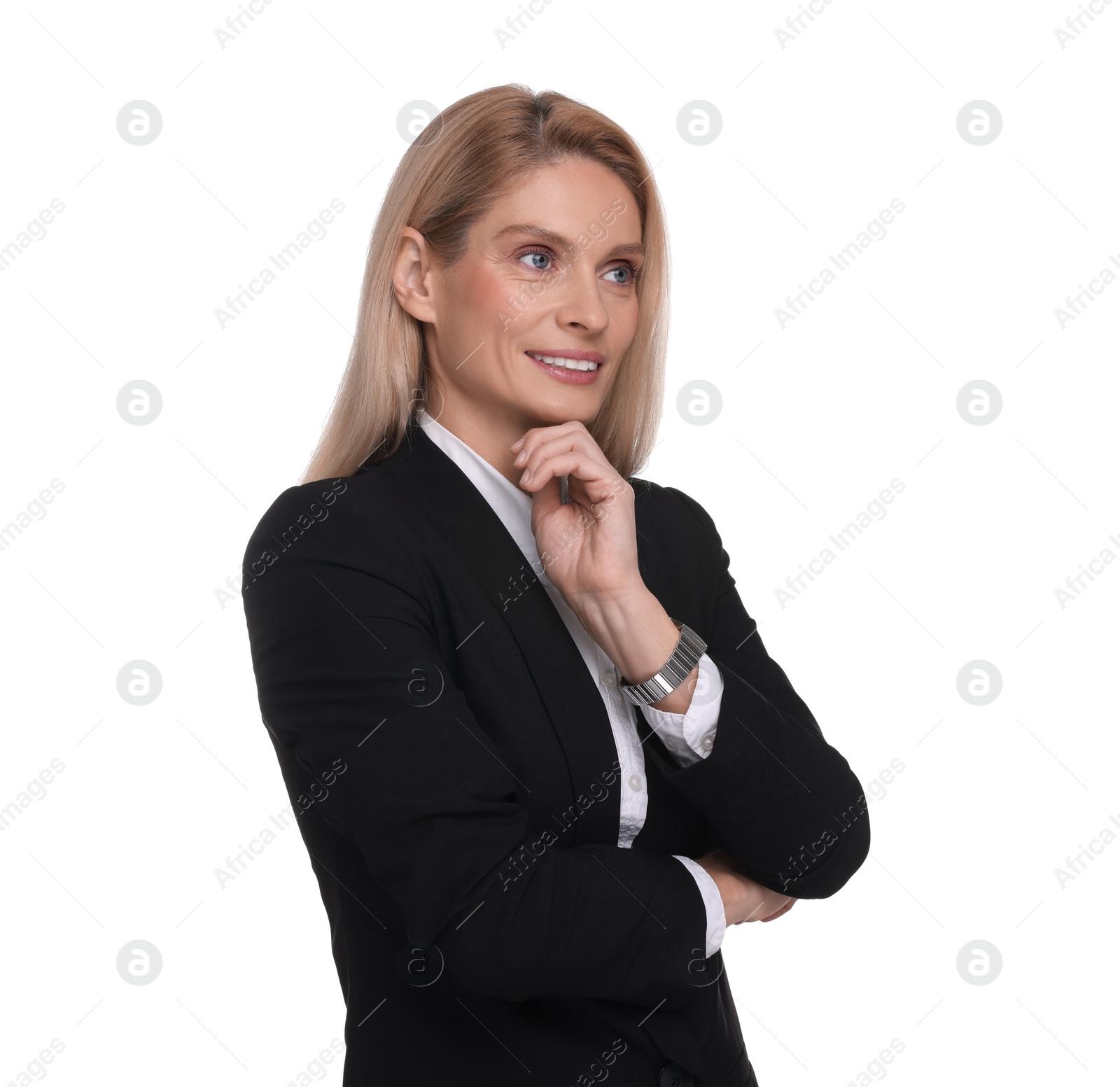 Photo of Portrait of smiling woman on white background. Lawyer, businesswoman, accountant or manager