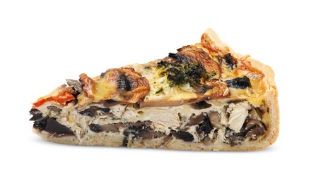 Piece of delicious quiche with mushrooms isolated on white