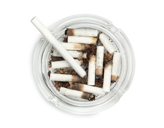 Glass ashtray full of cigarette stubs isolated on white, top view