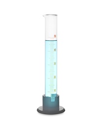 Photo of Graduated cylinder with light blue liquid isolated on white