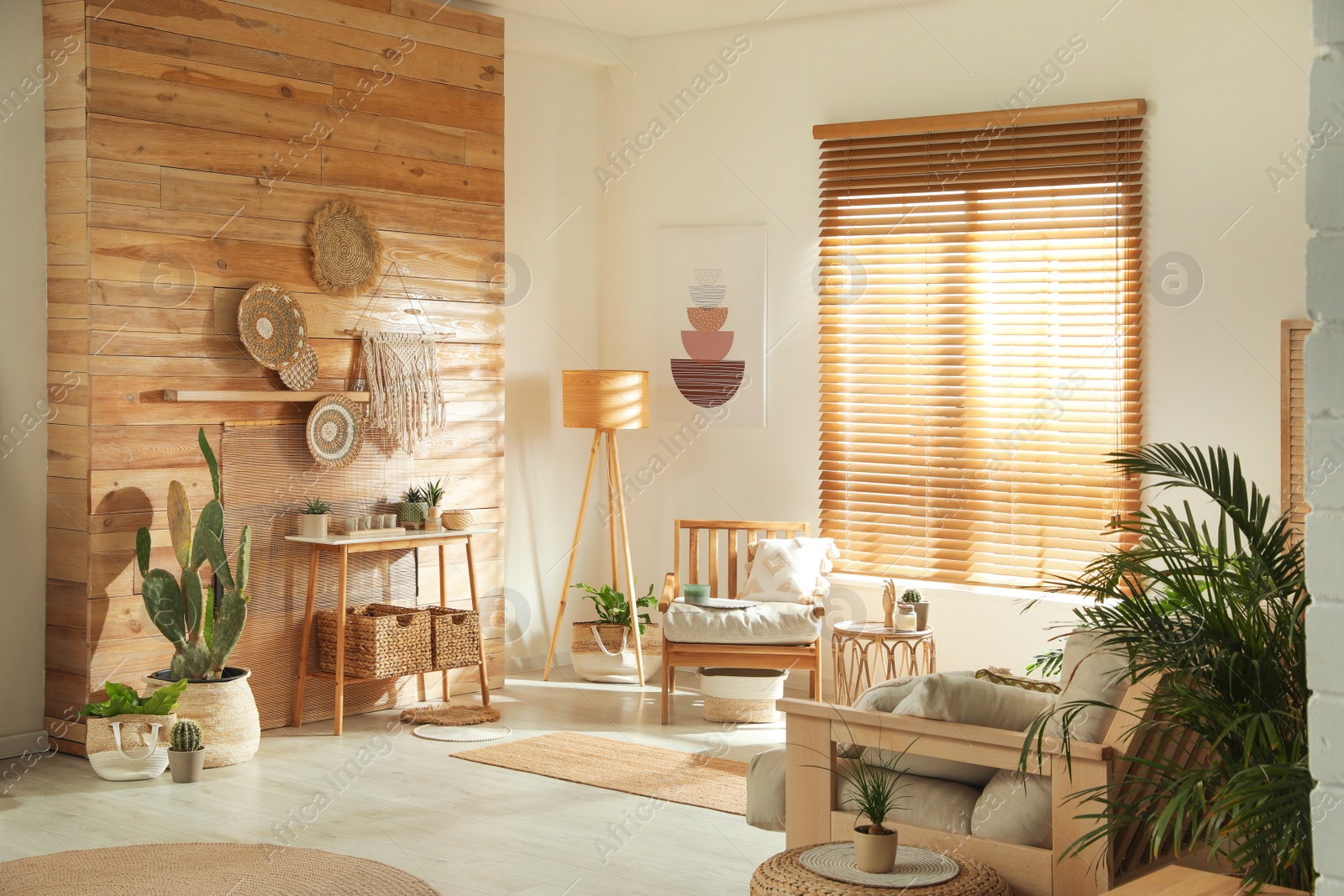 Photo of Stylish living room interior with wooden furniture and beautiful houseplants