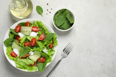 Delicious vegetable salad served on light grey table, flat lay. Space for text