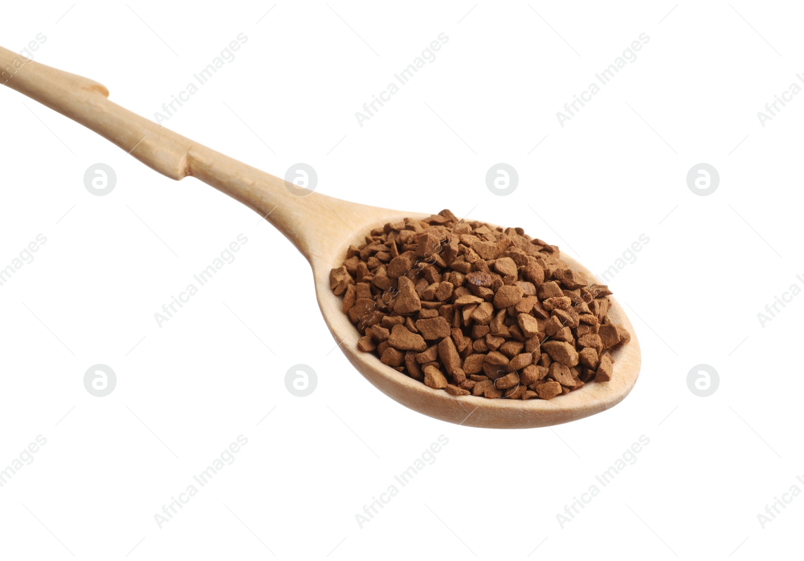 Photo of Wooden spoon with aromatic instant coffee isolated on white