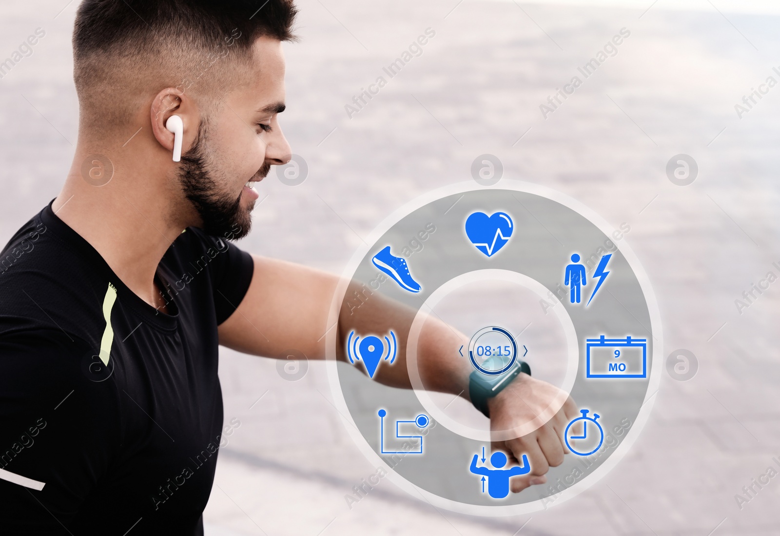 Image of Man using smart watch during training outdoors. Illustration near hand with device