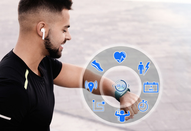 Image of Man using smart watch during training outdoors. Illustration near hand with device