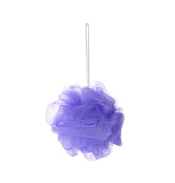 Photo of New lilac shower puff isolated on white