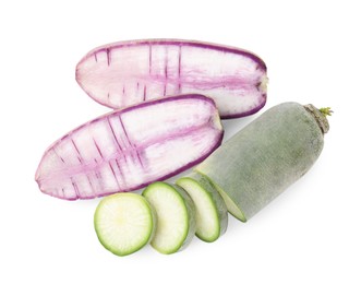 Purple and green daikon radishes isolated on white, top view