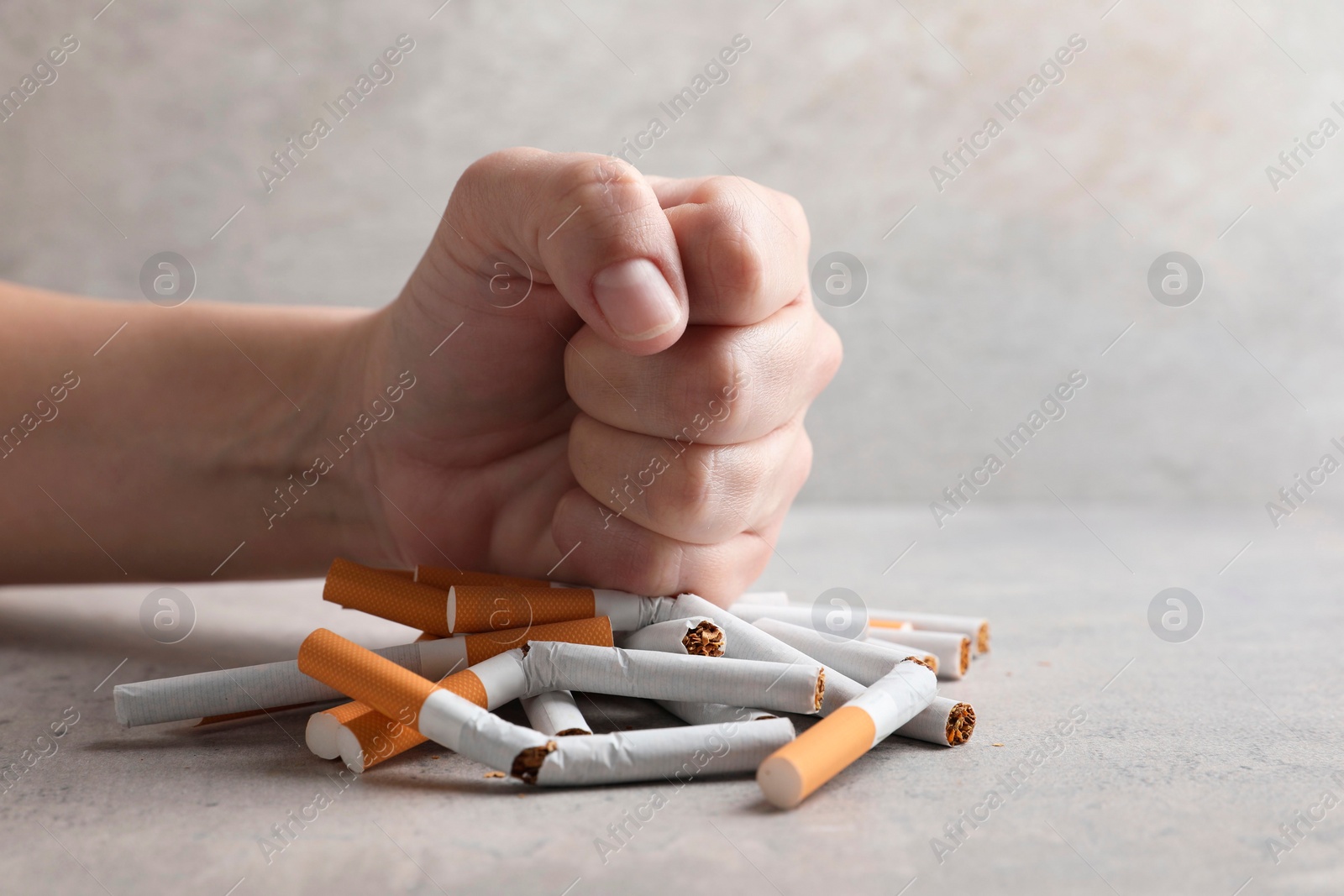 Photo of Stop smoking. Woman crushing cigarettes at grey table, closeup. Space for text