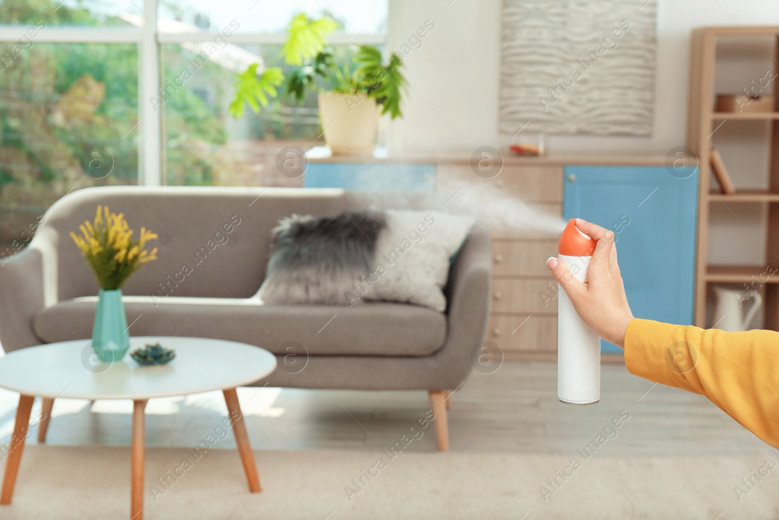 Photo of Woman spraying air freshener at home