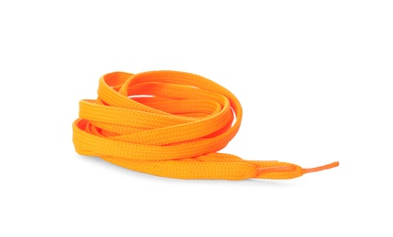 Photo of Orange shoe lace isolated on white. Stylish accessory