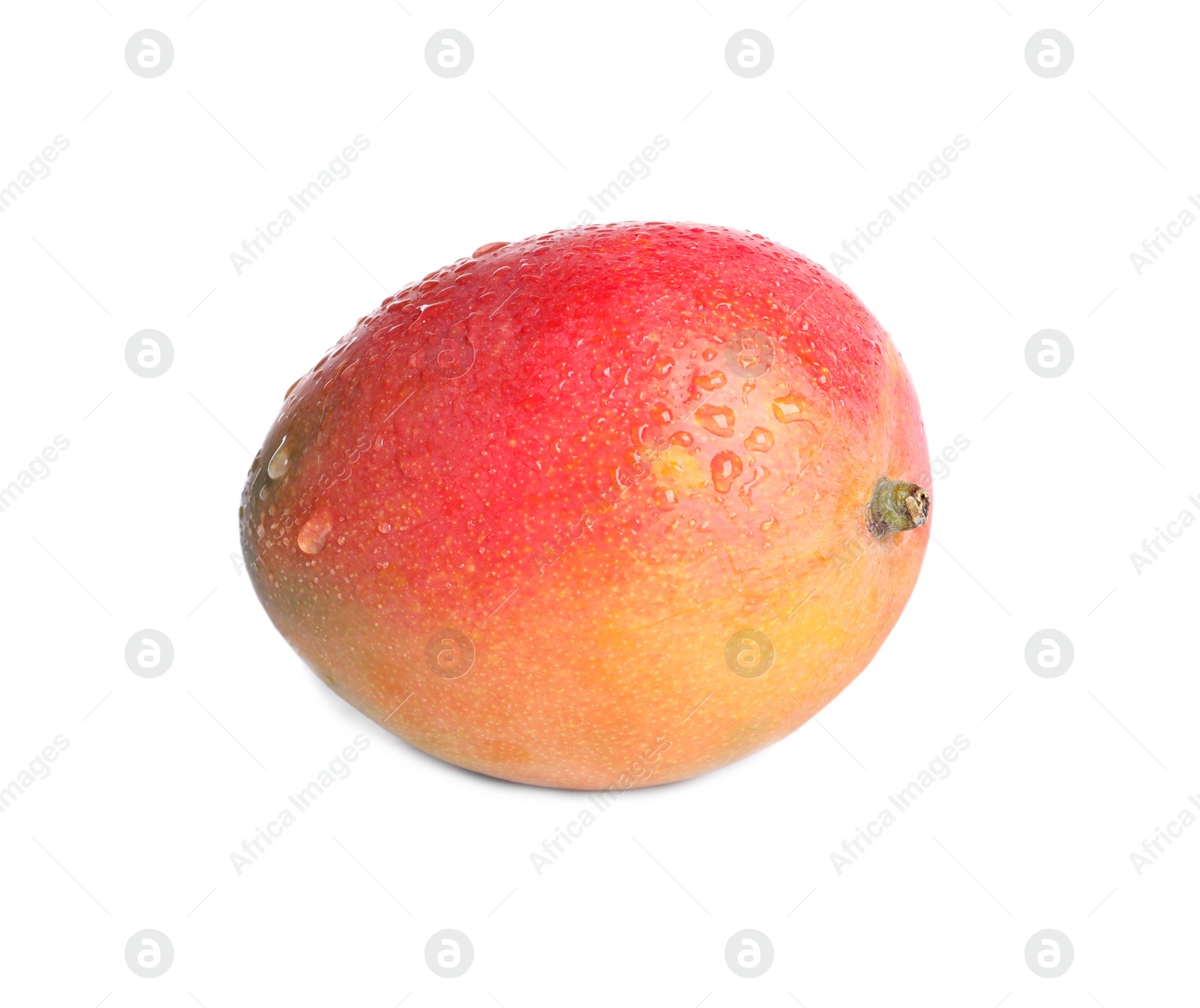 Photo of Fresh ripe mango with water drops on white background