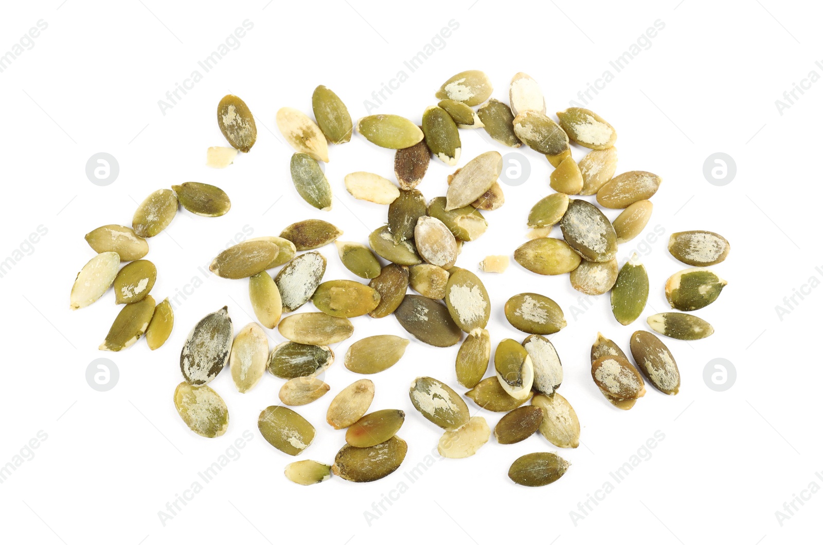 Photo of Raw pumpkin seeds on white background, top view