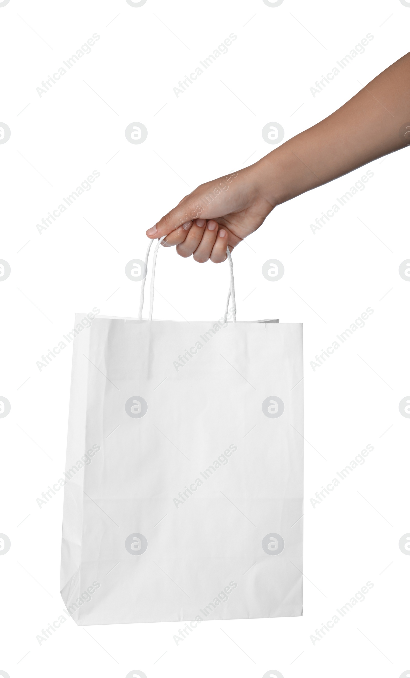 Photo of Woman holding shopping paper bag on white background