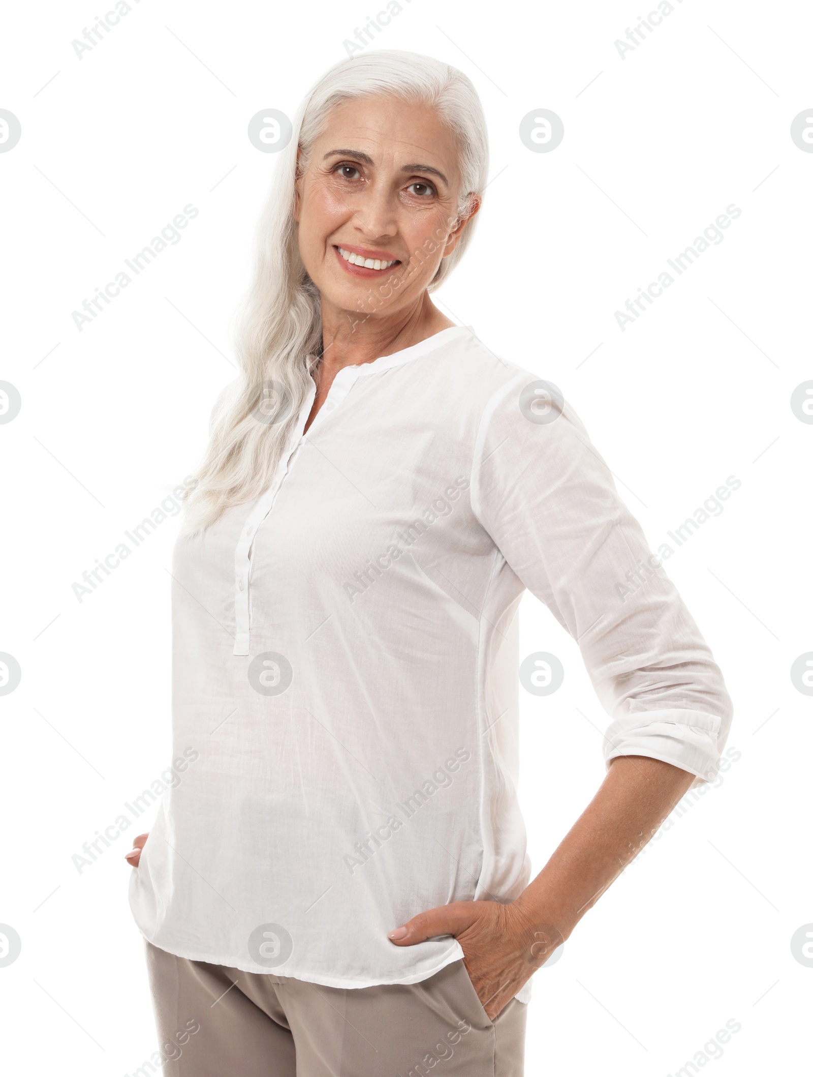 Photo of Portrait of beautiful mature woman on white background