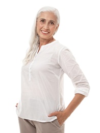 Photo of Portrait of beautiful mature woman on white background