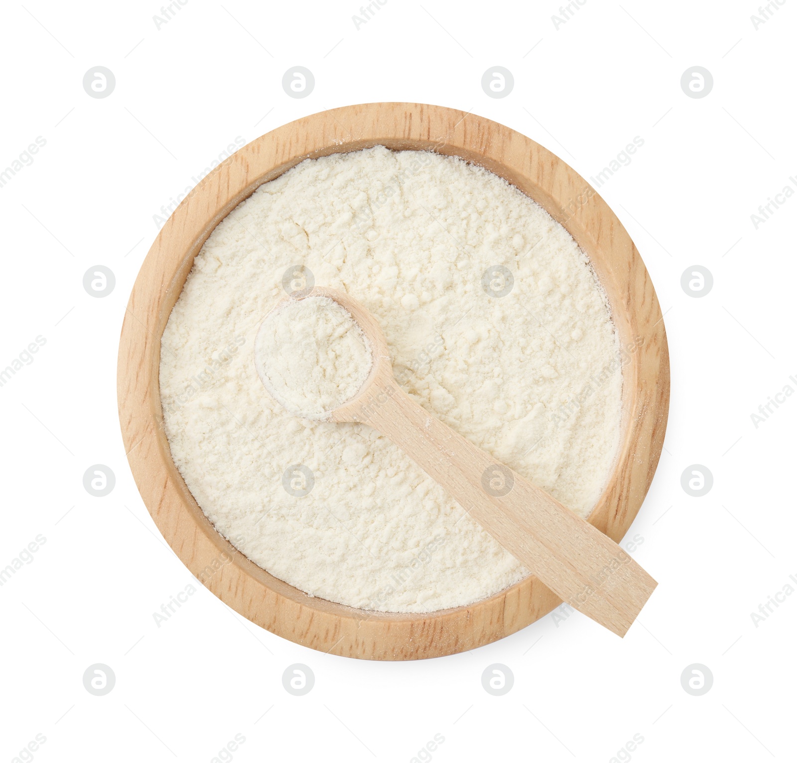 Photo of Baking powder in bowl and spoon isolated on white, top view