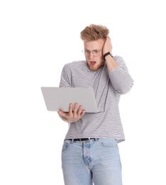 Emotional man with laptop on white background